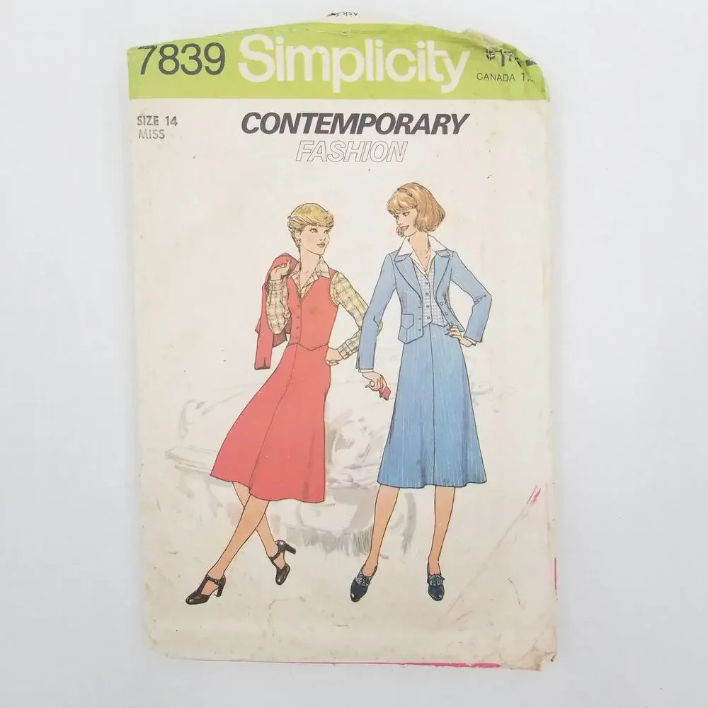 Vintage Pattern Sewing Craft Hobby Simplicity 7839 Misses 14 1970s Skirt Vest